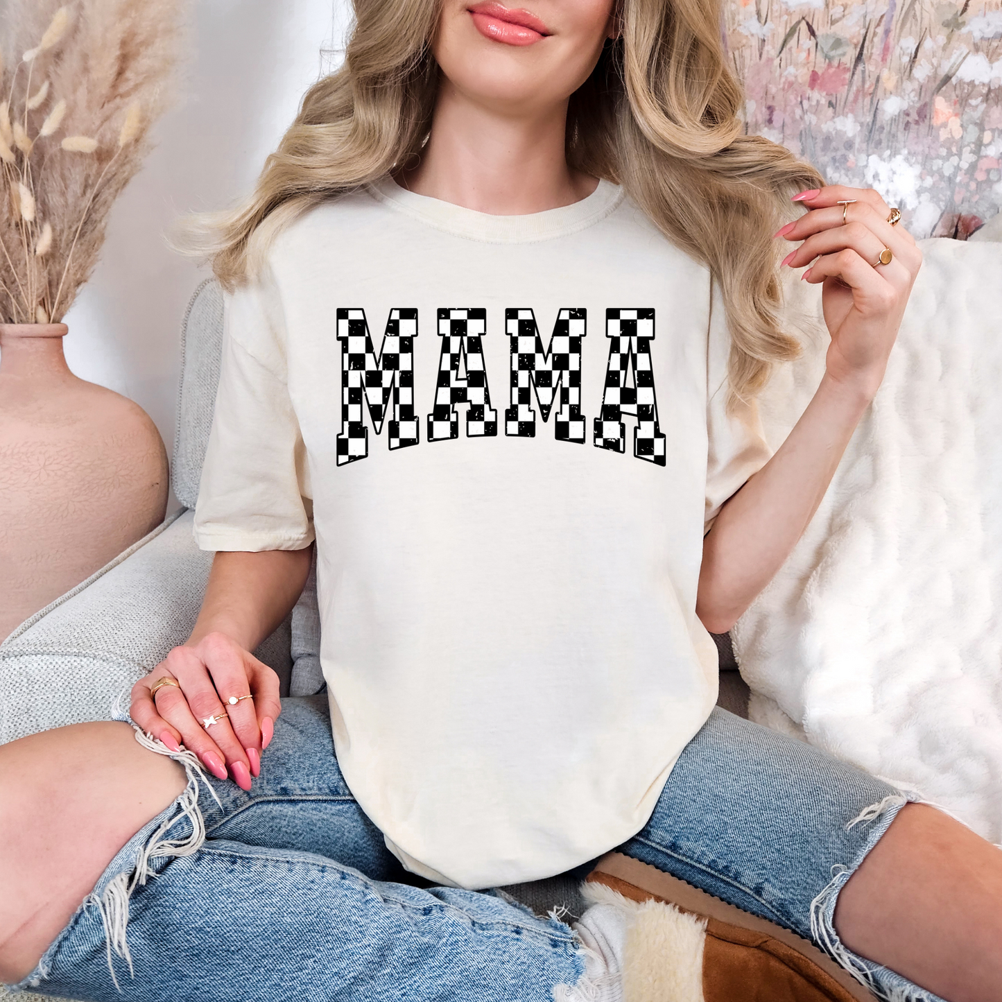 Distressed Checkered MAMA T-shirt