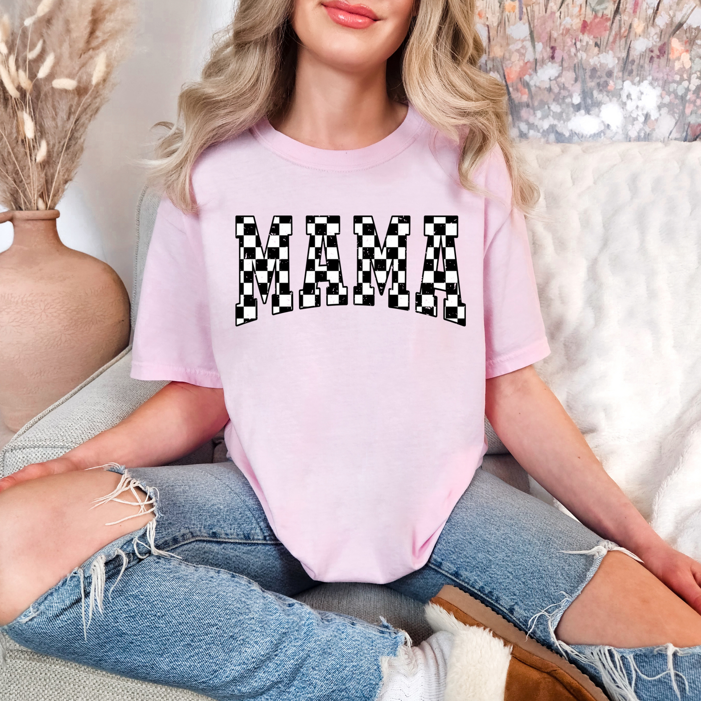 Distressed Checkered MAMA T-shirt