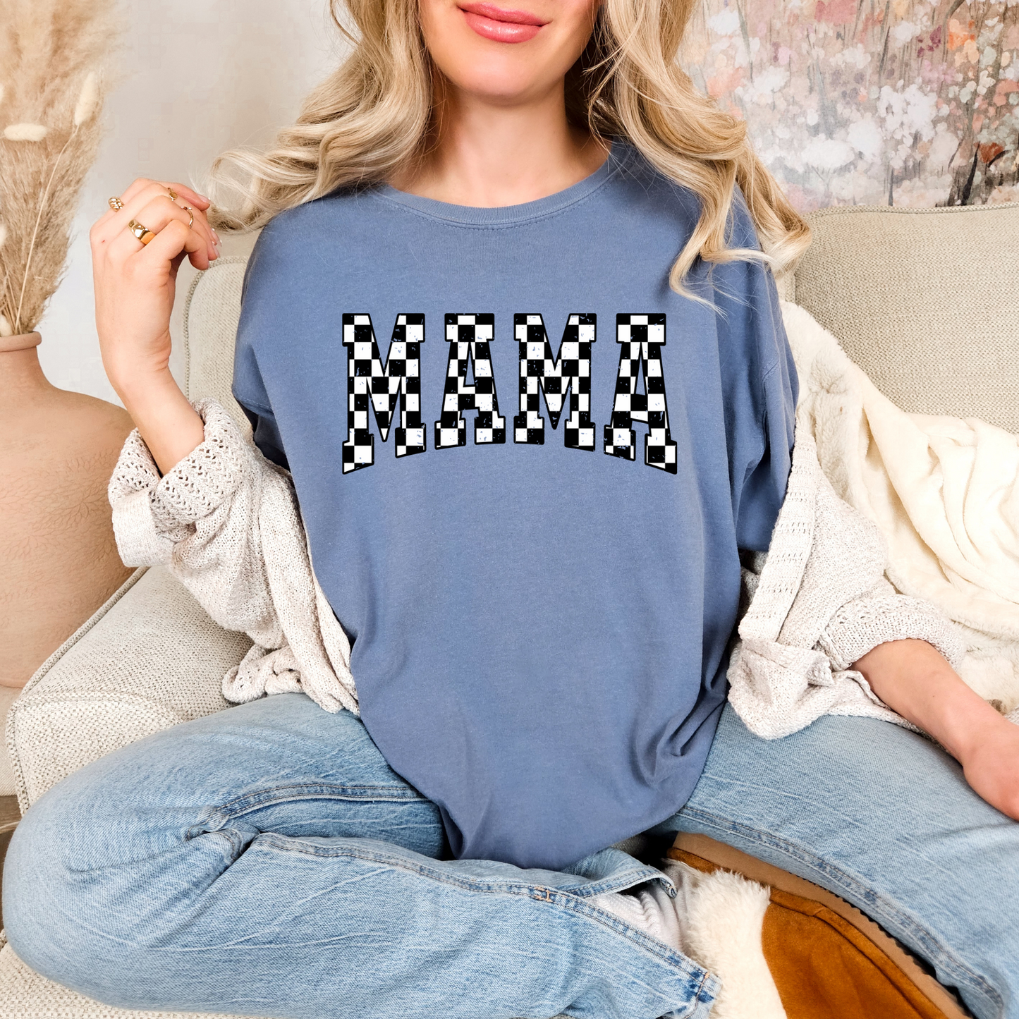 Distressed Checkered MAMA T-shirt