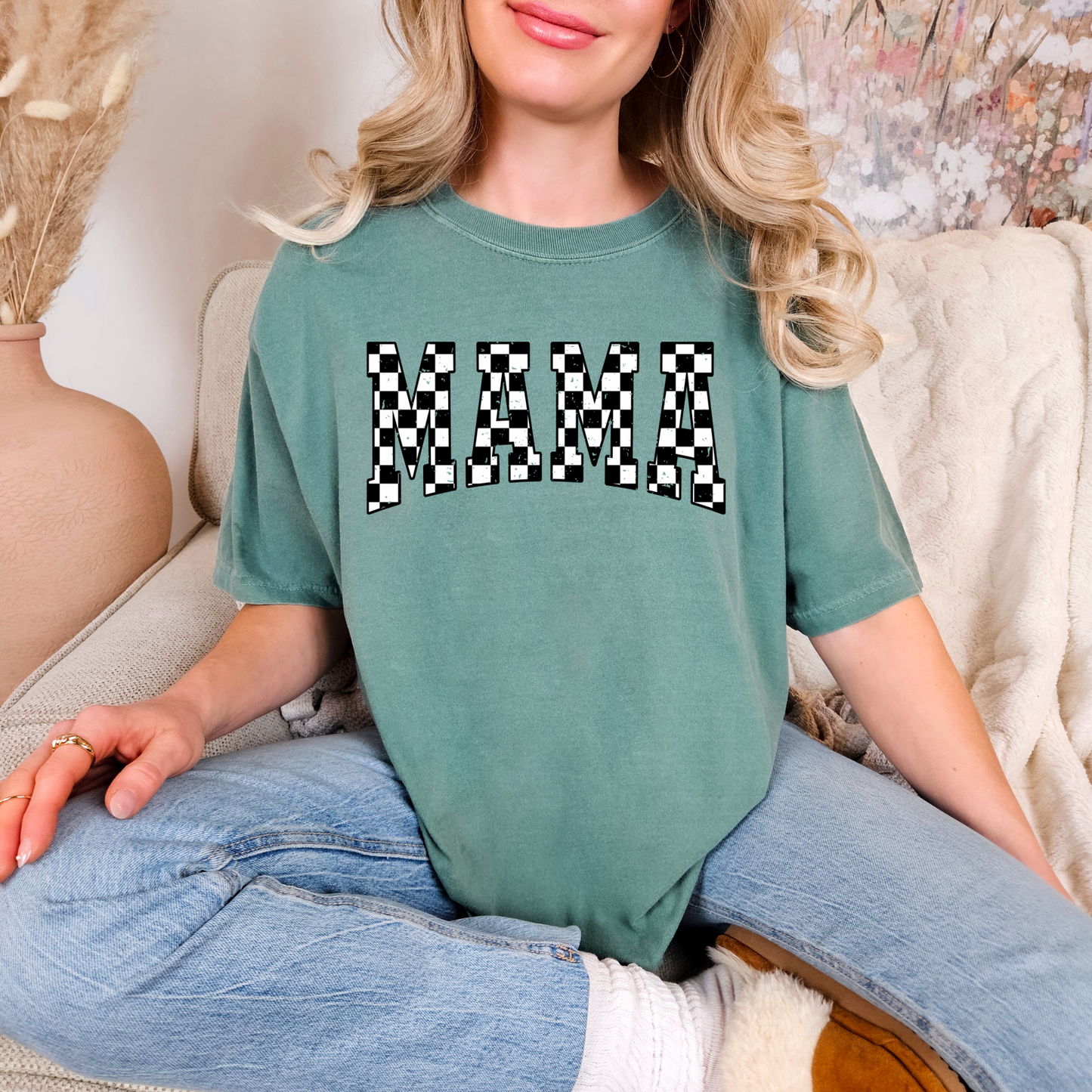 Distressed Checkered MAMA T-shirt