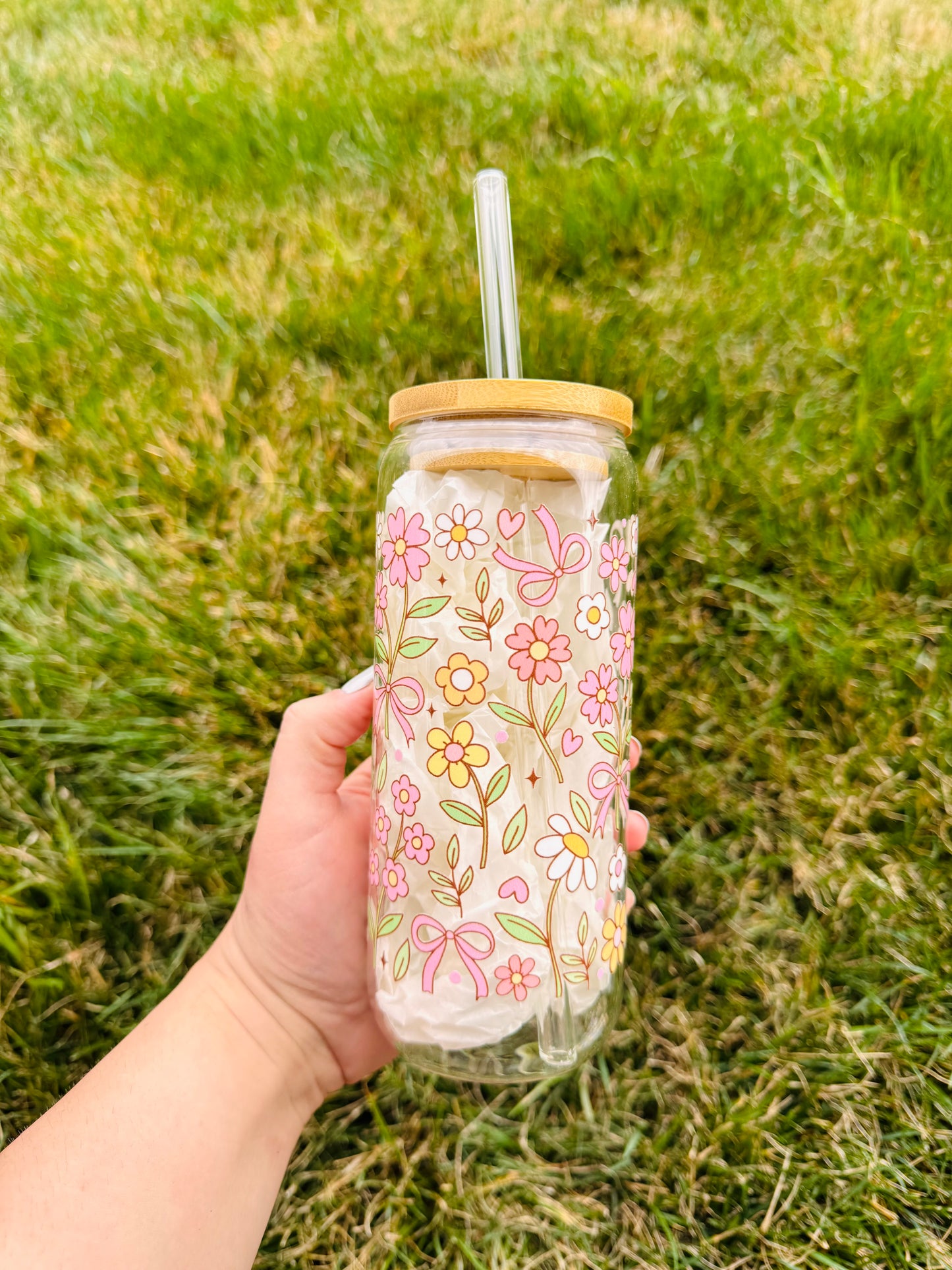 Pink Florals 20oz Glass Tumbler