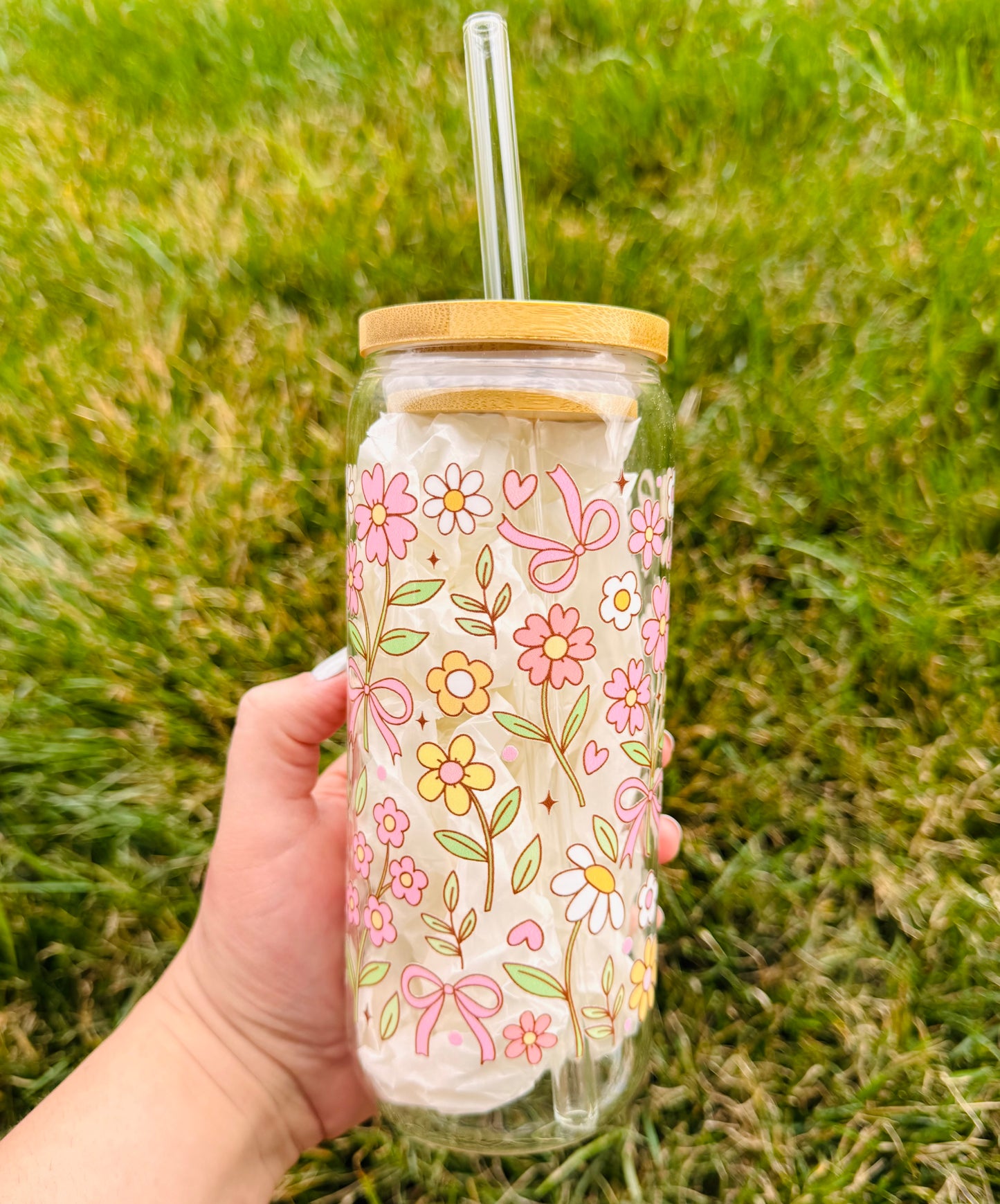 Pink Florals 20oz Glass Tumbler