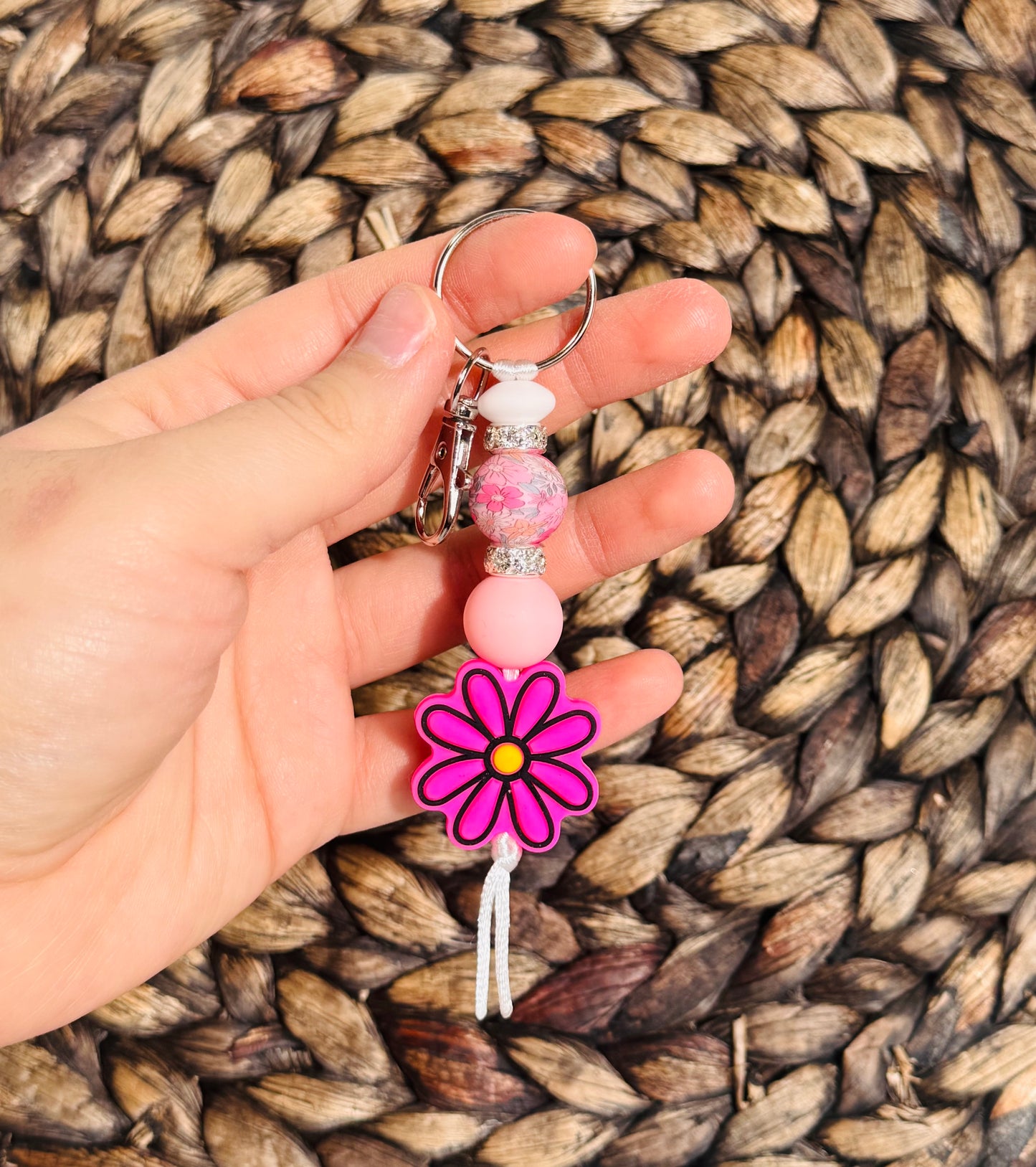 Pink Wildflowers Beaded Keychain