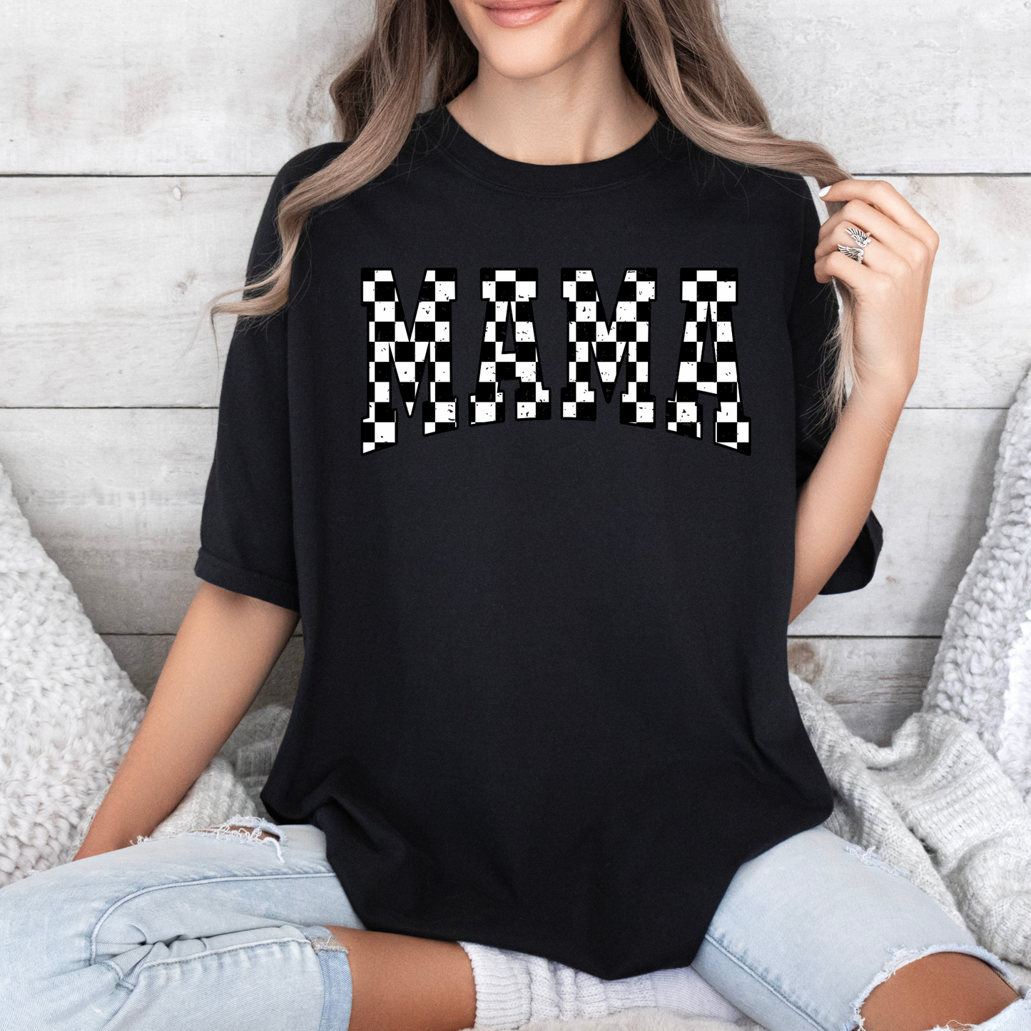 Distressed Checkered MAMA T-shirt