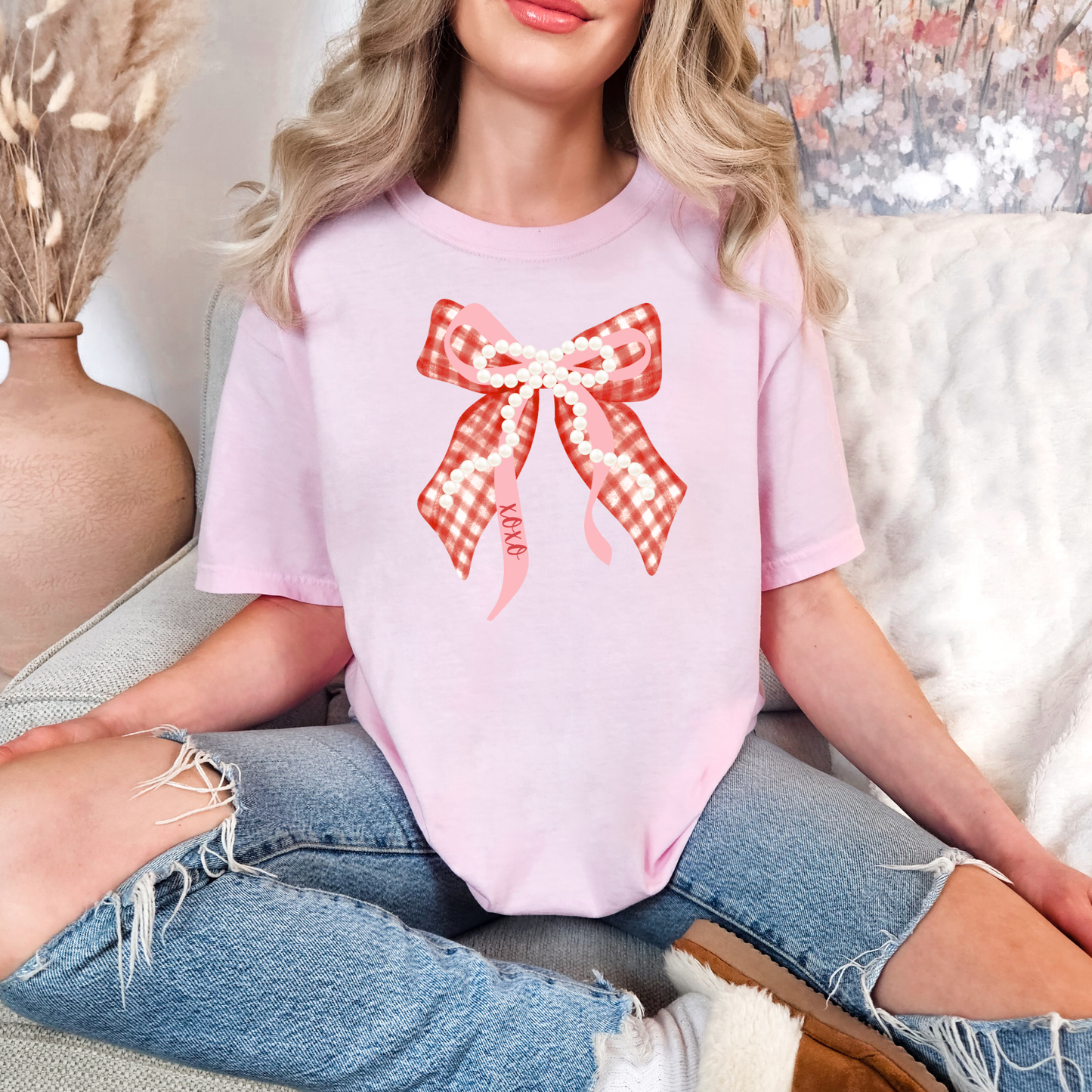 XOXO Gingham and Pearls Bow