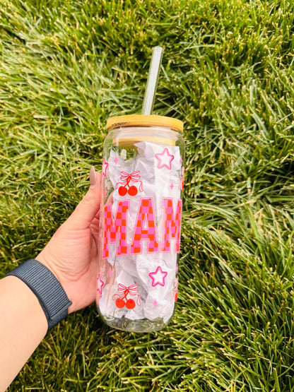 Pink Checkered MAMA 20oz Glass Tumbler