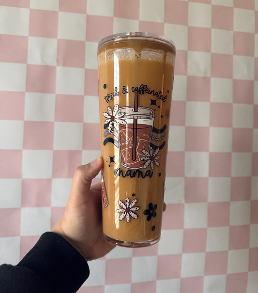 Tired & Caffeinated Mama snow globe tumbler