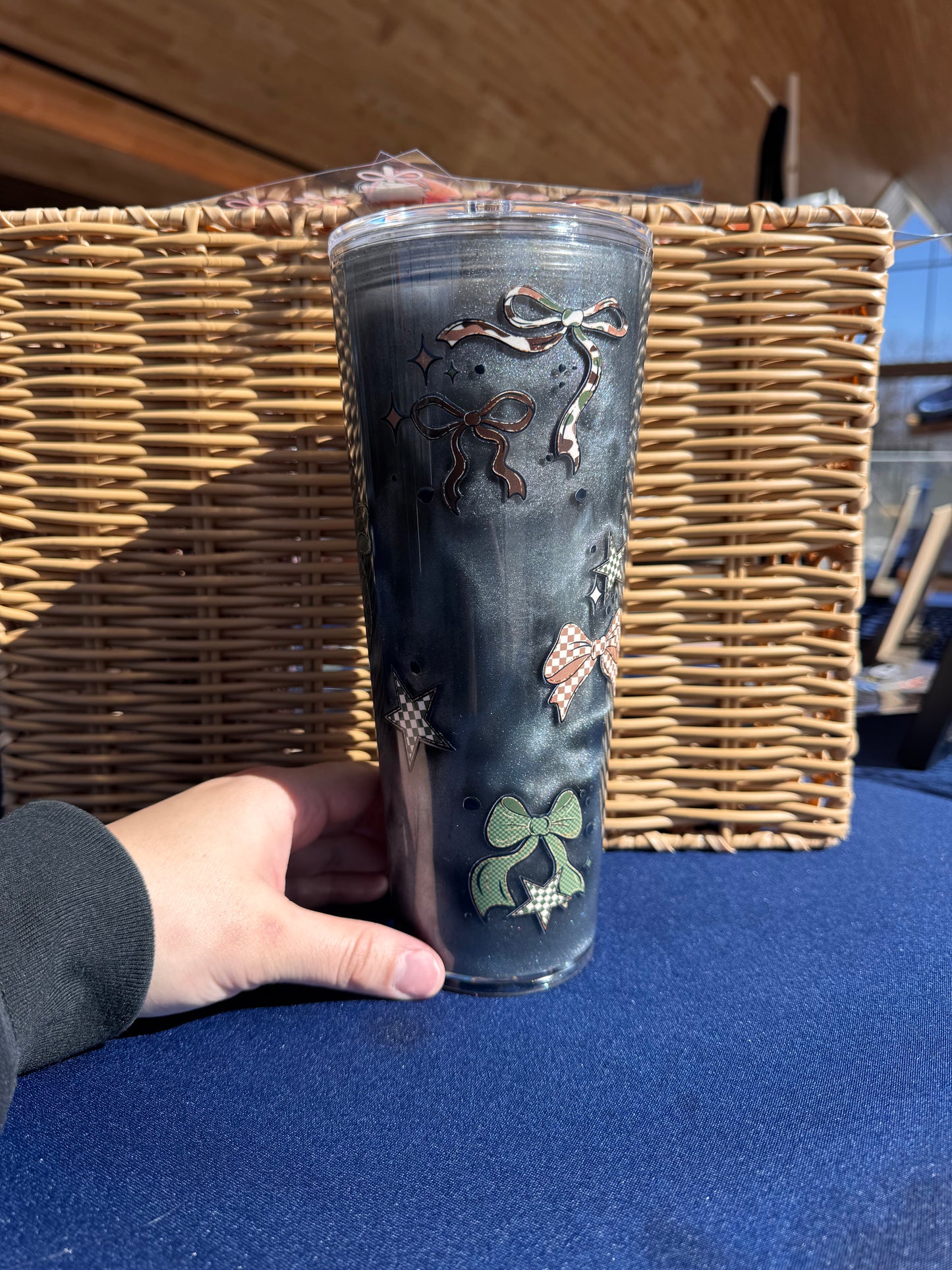 Charcoal Gray Camo Bows Cateye Effect 24oz snow globe tumbler