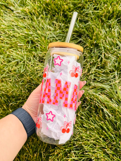 Pink Checkered MAMA 20oz Glass Tumbler