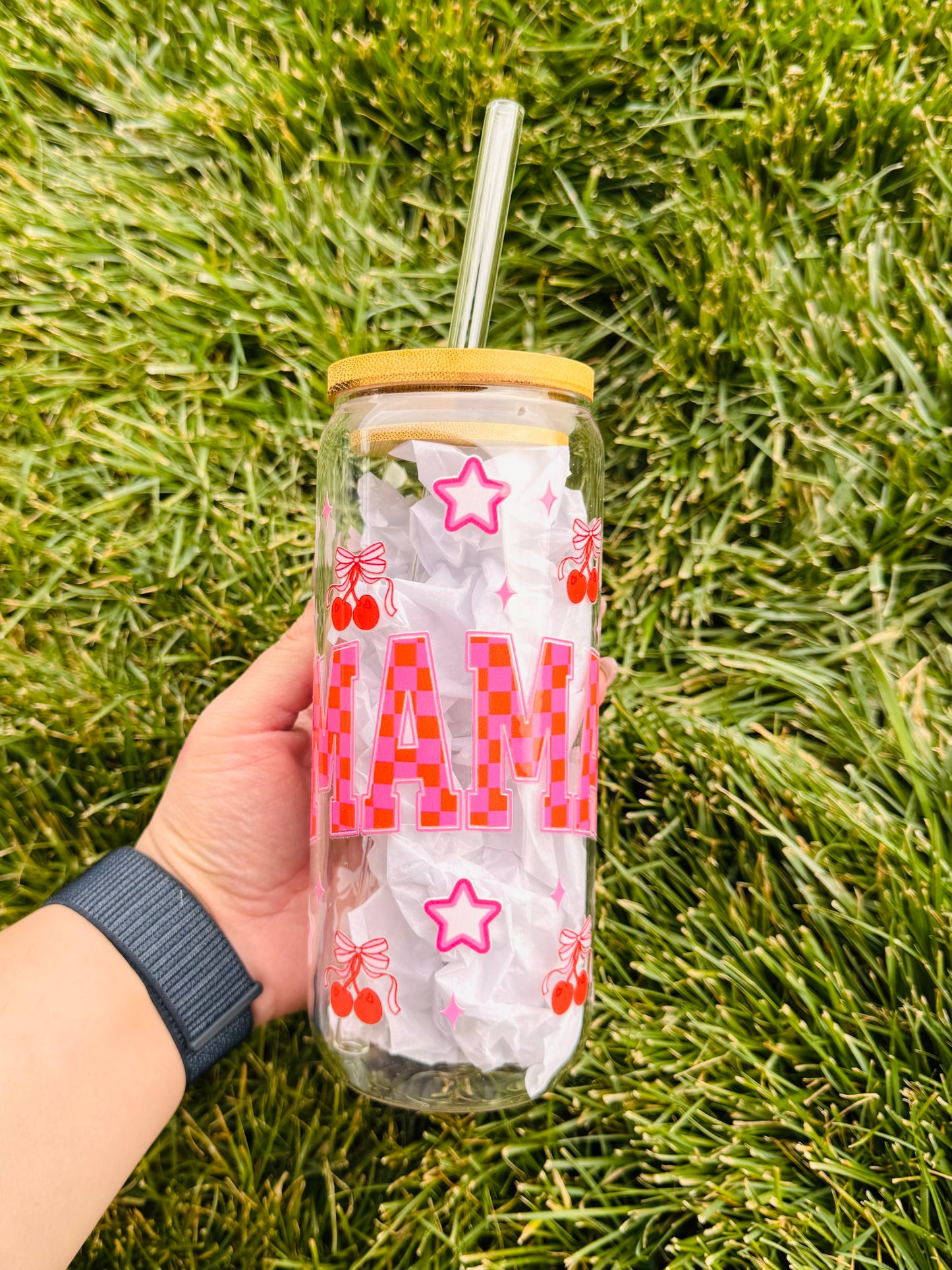 Pink Checkered MAMA 20oz Glass Tumbler