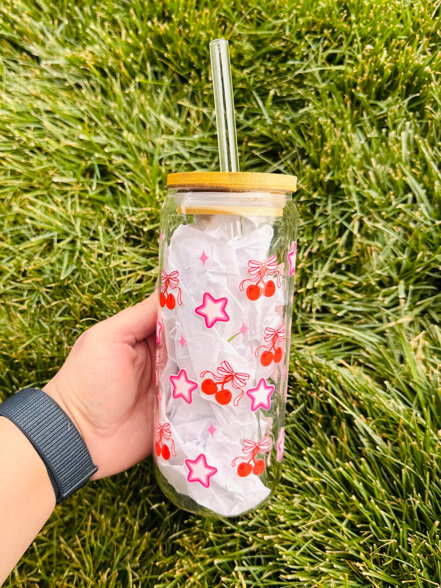 Pink Checkered MAMA 20oz Glass Tumbler