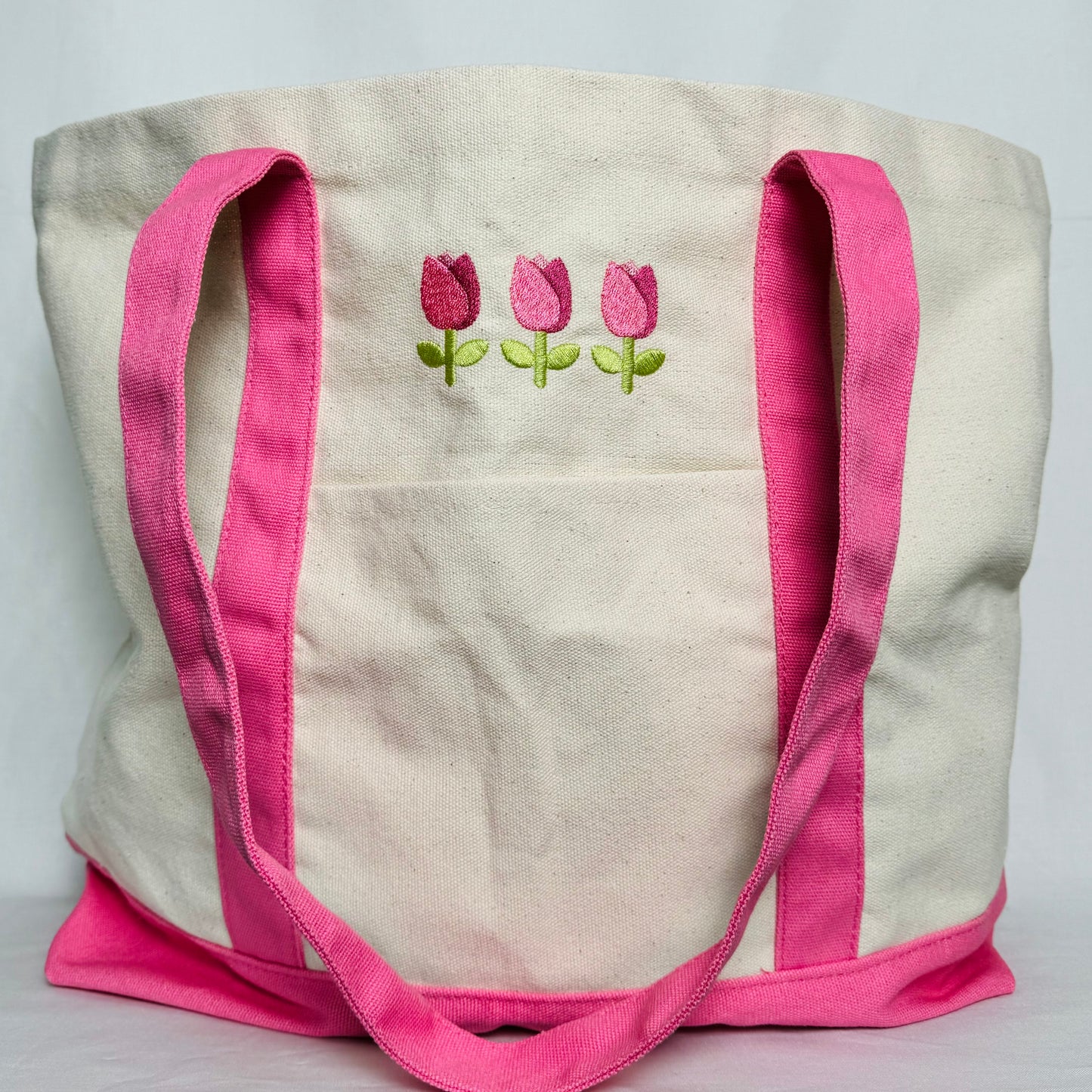 Tulip Embroidered Pink Canvas Tote Bag