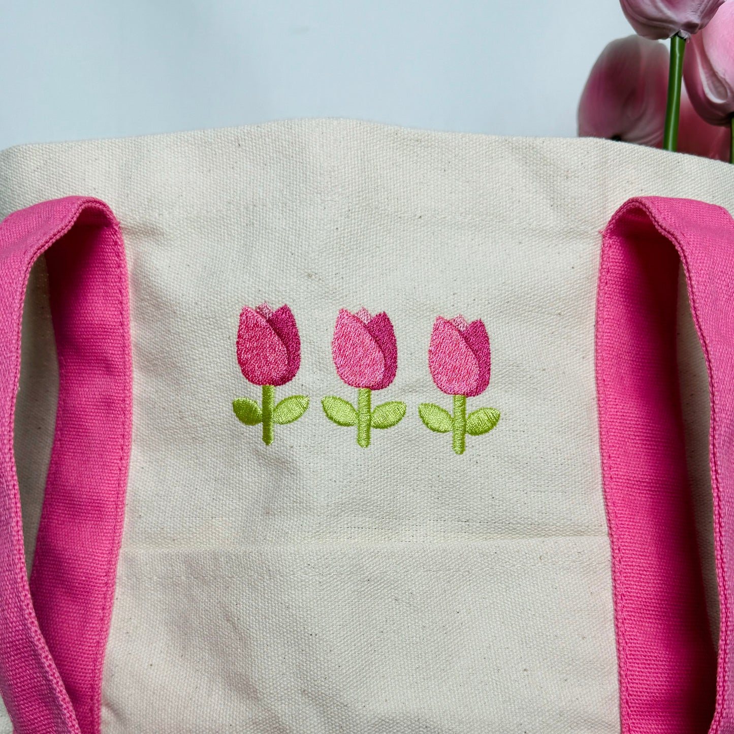 Tulip Embroidered Pink Canvas Tote Bag