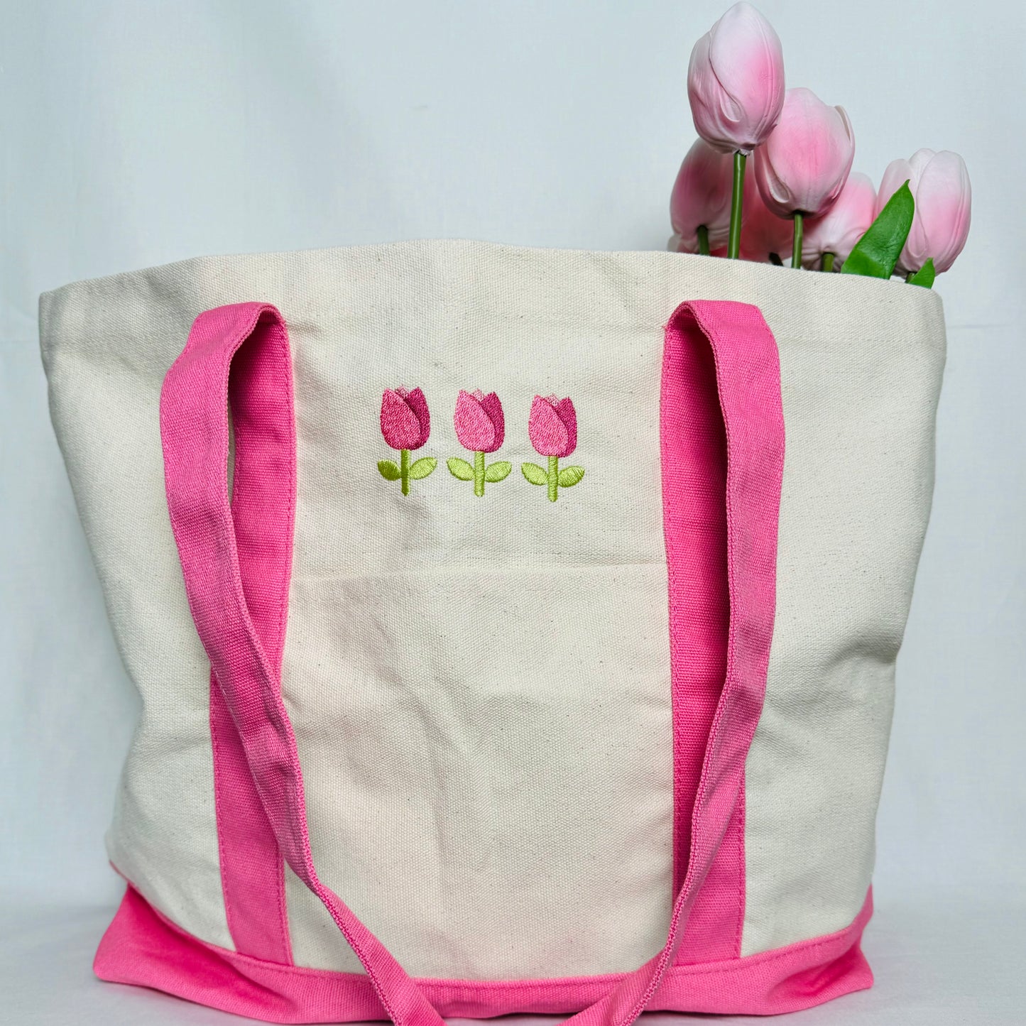 Tulip Embroidered Pink Canvas Tote Bag