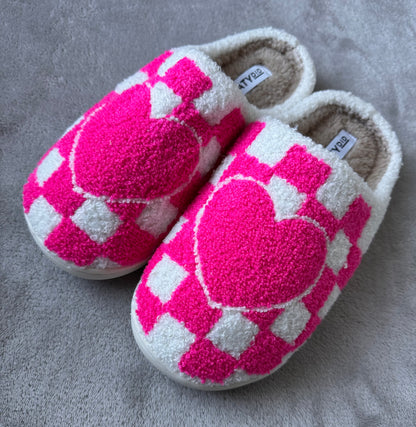 Hot Pink Checkered Heart Slippers